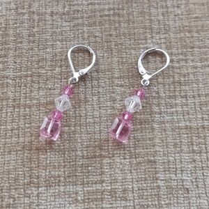 Leverback Silver Tone Pink Clear Beaded Crystal Drop Earrings